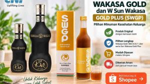 Ilustrasi Wakasa Gold Mini 300 ml, Wakasa Gold 1 liter, dan Sun Wakasa Gold Plus dengan tombol pembelian Shopee.