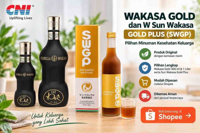 Ilustrasi Wakasa Gold Mini 300 ml, Wakasa Gold 1 liter, dan Sun Wakasa Gold Plus dengan tombol pembelian Shopee.
