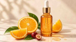 Botol serum vitamin C tanpa merek dengan irisan jeruk