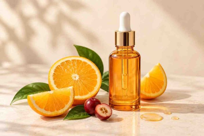 Botol serum vitamin C tanpa merek dengan irisan jeruk