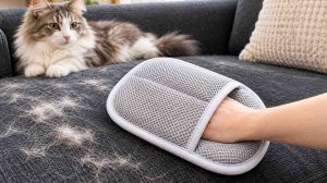 Sarung tangan pembersih bulu kucing Pet Grooming Gloves digunakan untuk mengangkat bulu hewan yang menempel pada sofa kain.