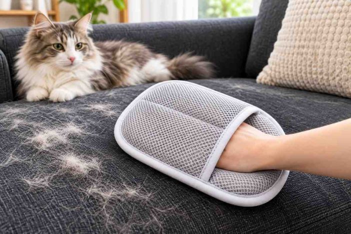 Sarung tangan pembersih bulu kucing Pet Grooming Gloves digunakan untuk mengangkat bulu hewan yang menempel pada sofa kain.